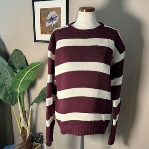 Ralph Lauren Burgundy and Cream Striped Crewneck Knit Sweater